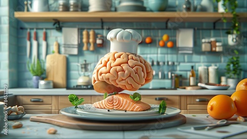 A chef brain prepares a gourmet salmon dish, adding ingredients like DHA and EPA for a brain-boosting meal