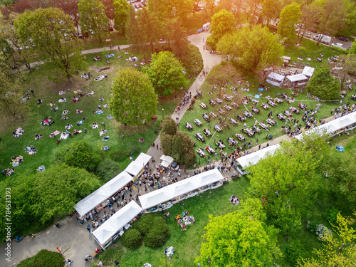 city street food festival event at green park at summer, tents of food market at green meadow, crowd walking and sitting at picnic, aerial view  photo