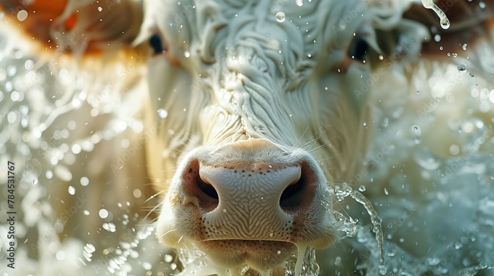Closeup of a cows snout splashing in water, captured in macro photography