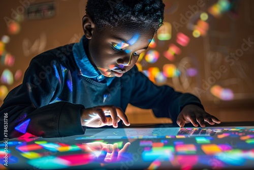 A young boy is happily playing with a light table, exploring colors and shapes in a creative and educational activity