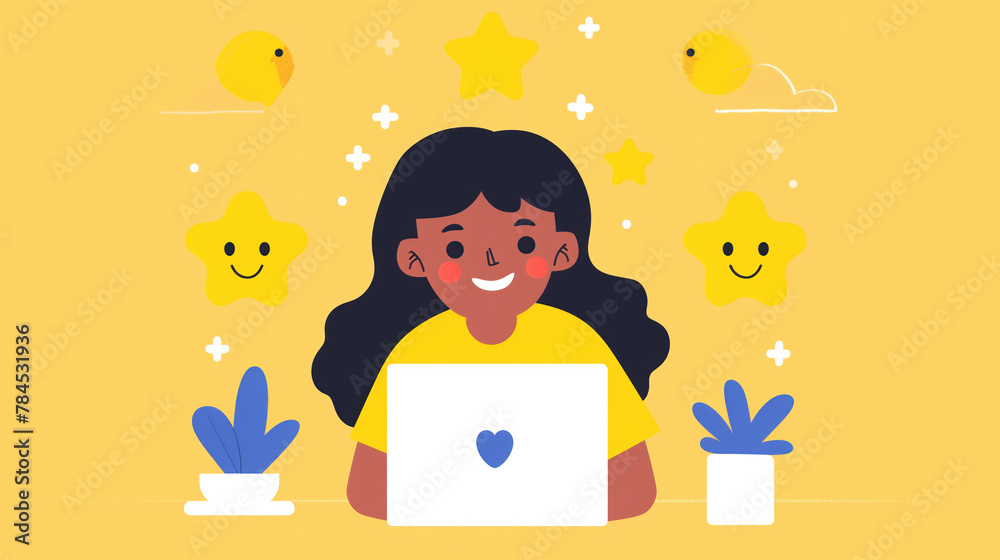 Cheerful cartoon girl with laptop surrounded by playful stars and birds on yellow background.