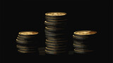Three stacks of coins on black leather 2d flat cartoon