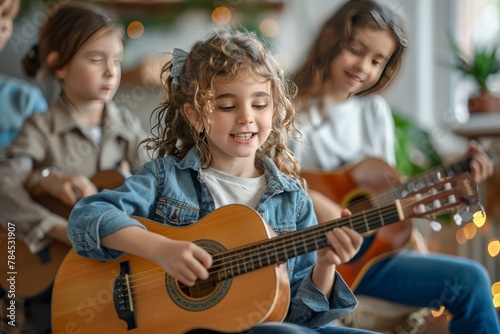 A charming home concert with kids performing for Mother's Day, family members enjoying, plain background with ample space for text