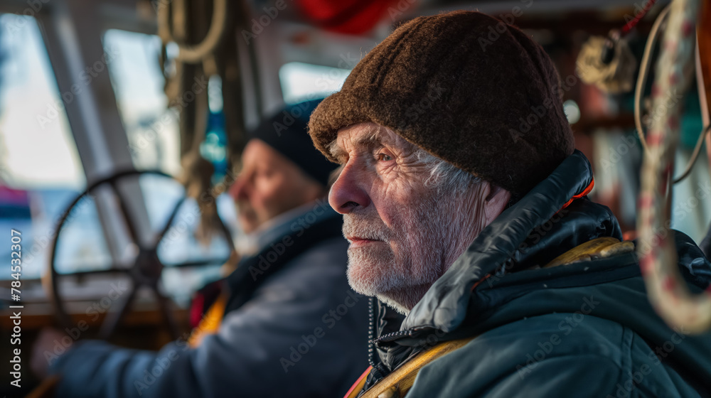 Elderly fisherman, adorned in weathered gear, steers his boat with a look of contemplation, the open sea stretching beyond.