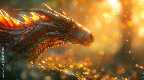 Fabled dragon, scales, majestic creature exploring a mystical forest, augmented reality, 3D render, golden hour lighting, lens flare effect