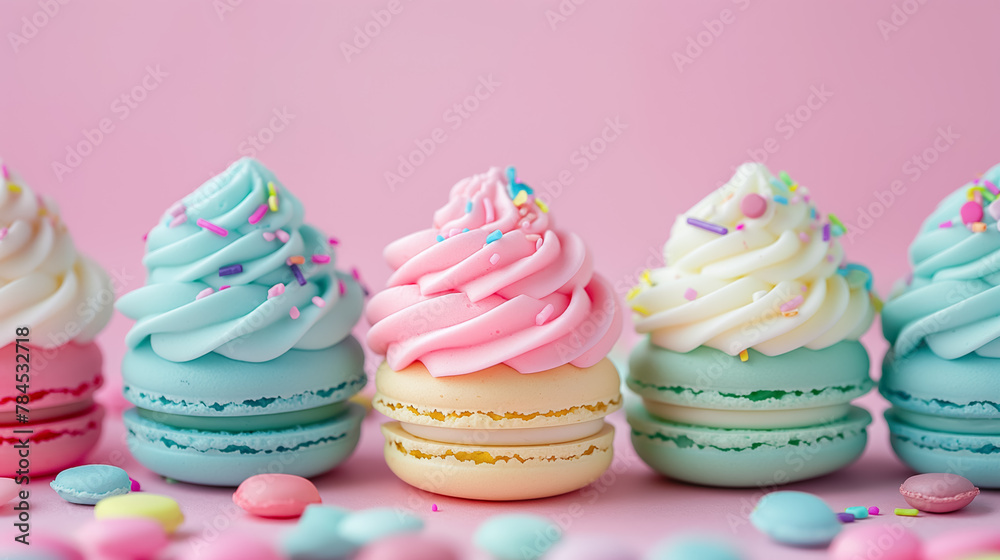 Delightful arrangement of pastel-colored macarons topped with whipped frosting and sprinkles against a soft pink background. Delightful arrangement of pastel-colored macarons topped with whipped frosting and sprinkles against a soft pink background.