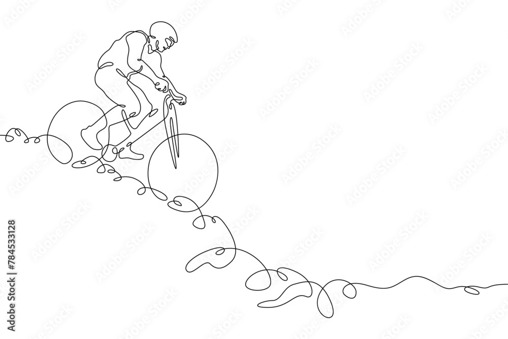 Fototapeta premium One continuous line. Cyclist on a bike in the mountains. Mountain bike. Extreme sport.Man cyclist.One continuous line drawn isolated, white background.