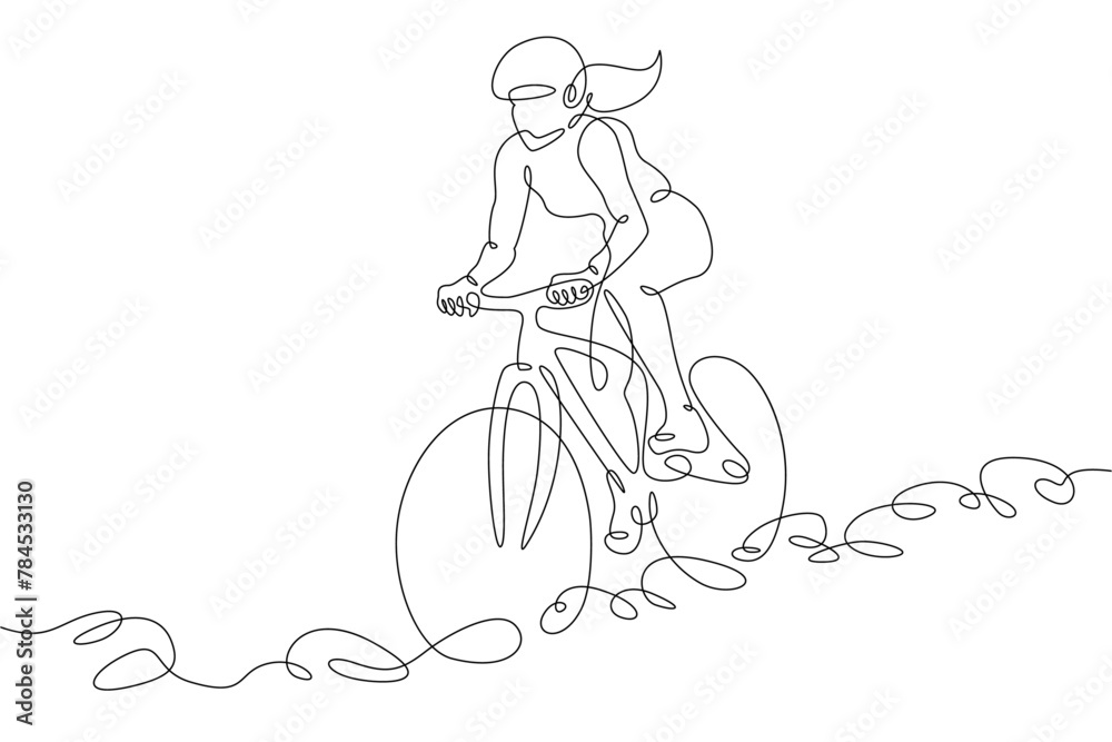Fototapeta premium One continuous line. Cyclist on a bike in the mountains. Mountain bike. Extreme sport.Woman cyclist.One continuous line drawn isolated, white background.