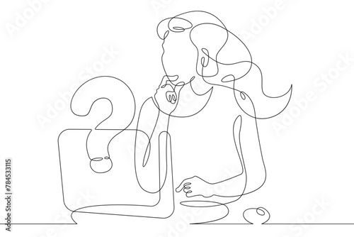 One continuous line.Woman is sitting at a laptop. Search for an answer to a question on the Internet. Computer work.One continuous line drawing. Line Art isolated white background.