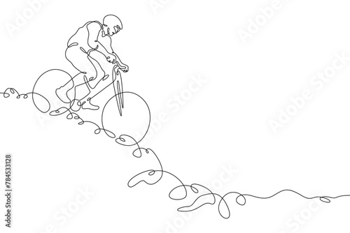 One continuous line. Cyclist on a bike in the mountains. Mountain bike. Extreme sport.Man cyclist.One continuous line drawn isolated, white background.