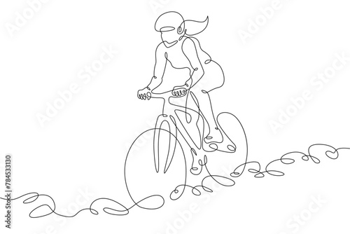 One continuous line. Cyclist on a bike in the mountains. Mountain bike. Extreme sport.Woman cyclist.One continuous line drawn isolated, white background.