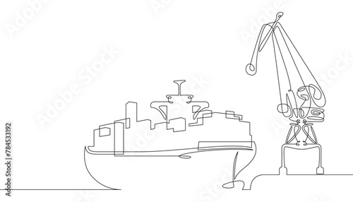 One continuous line. Cargo seaport. Pier with loading cranes. Unloading arrived cargoes. Port dock. Container ship unloading.One continuous line drawn isolated, white background.