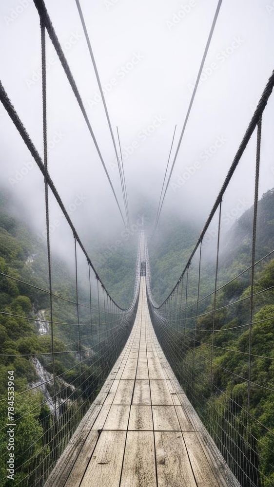 Obraz premium The bridge over the abyss in the fog.