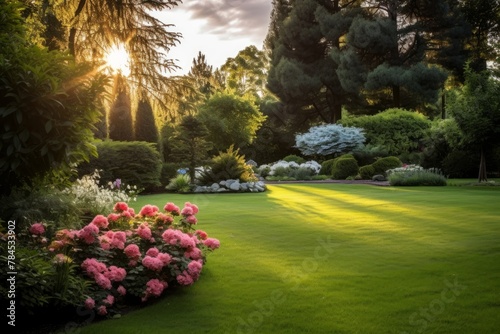 Cozy territory of a country house, neatly trimmed lawn, flowers in the rays of the setting sun.