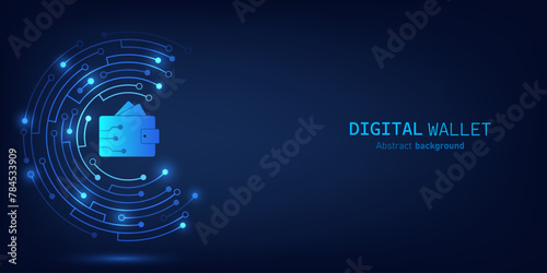 Digital wallet on dark blue circuit background. Digital wallet application internet banking. Mobile banking, online finance, e-commerce, money transaction concept. Online payment. Vector illustration.