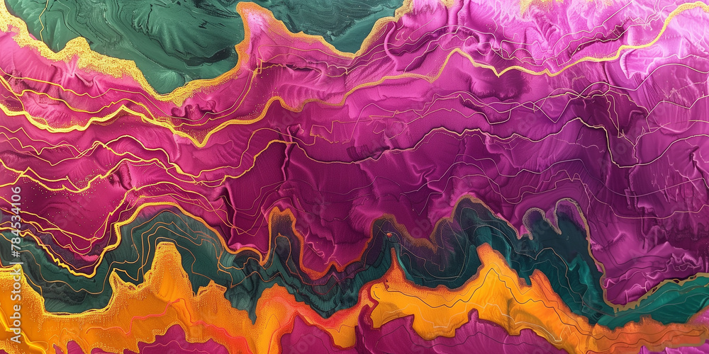 Electric Terrain: Vivid Purple and Emerald Abstract Resin Art with Fiery Orange Accents - Dynamic for Modern Spaces