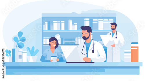 Tiny pharmacist with pills and vitamins flat vector © zoni