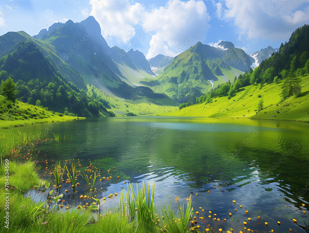 A mountain lake surrounded by green meadows.
