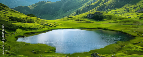 A mountain lake surrounded by green meadows.