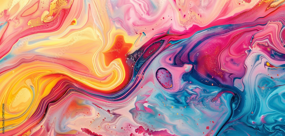  Vivid hues intertwine in a hypnotic dance of liquid marbling.