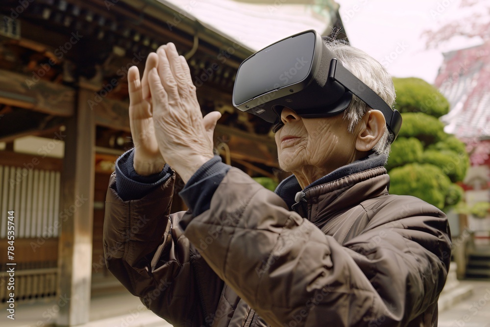 A man wearing a virtual reality headset stands in front of a modern building, engaging in immersive digital experiences A man wearing a virtual reality headset stands in front of a modern building, engaging in immersive digital experiences