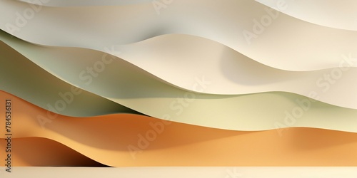 抽象背景横長テンプレート。オレンジ・ベージュ・モスグリーンの曲線的な壁と床がある空間