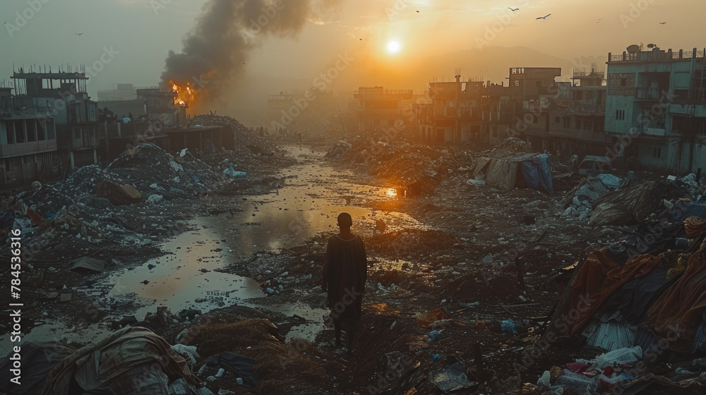 A man walks through a trash-filled city street at sunset