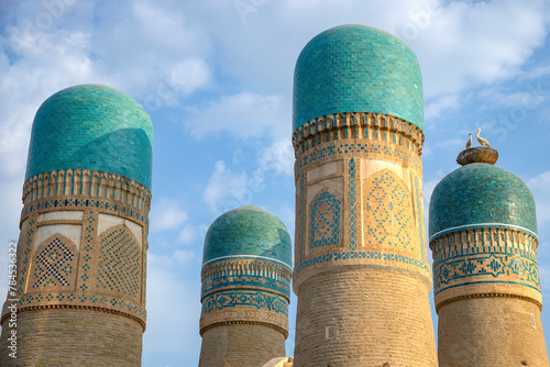 Four minarets of the Chor Minor mosque close-up. Bukhara, Uzbekistan