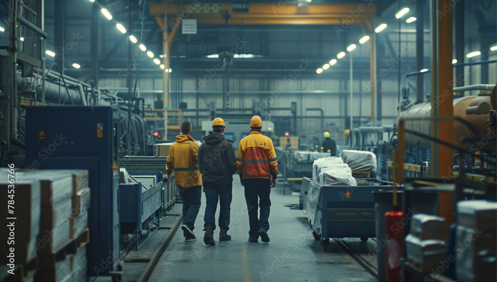 Cinematic still of 3 employees working together at a large factory