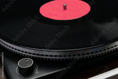 close-up of a vinyl record on a retro turntable