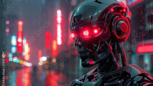 Futuristic Robotic Entity Surveying a Rain-Drenched Cityscape at Night