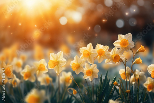 Beautiful daffodils against the background of the sky and sun. Postcard. Spring background photo