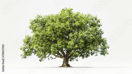 A large tree with green leaves stands alone in a white background