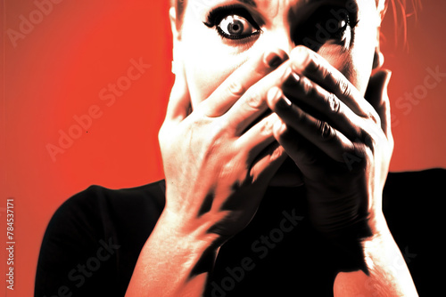 Scarlet Shock: A person's hands covering their mouth in horror, eyes wide with fear, in a dramatic depiction of shock