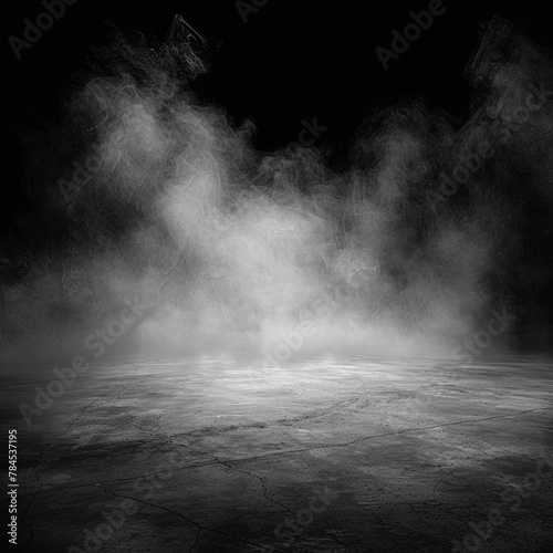 Abstract image of dark room concrete floor. Black room or stage with white cloudiness background for product placement.