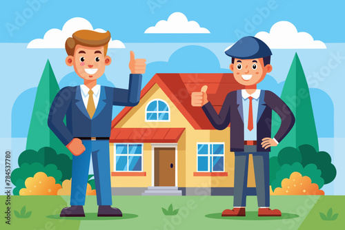 A businessman and roofer are facing forward giving 