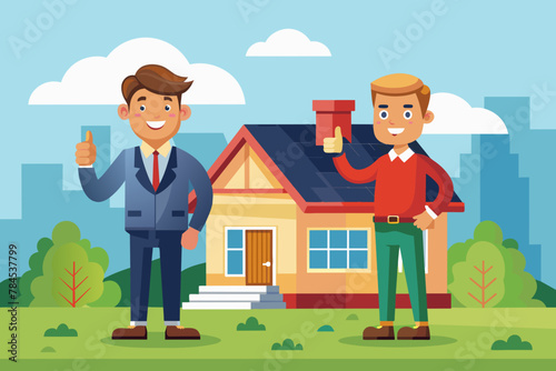 A businessman and roofer are facing forward giving 