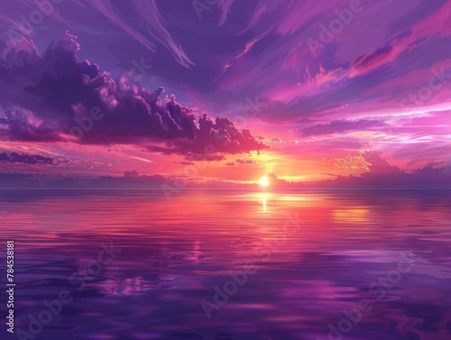 Vibrant Purple Sunrise Sky Painting Over the Horizon Reflecting Serenity