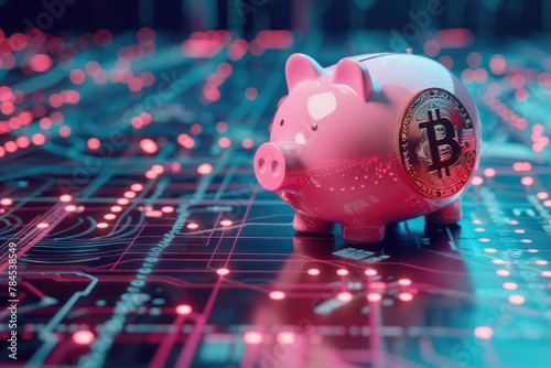 Illustration of an electronic piggy bank next to crypto money on a digital background, representing techno currency investment and bitcoin trading. 