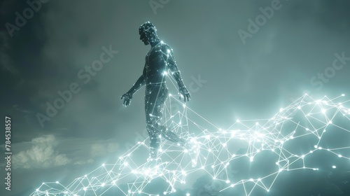 Technology advances, digital man reaches a futuristic connected line photo