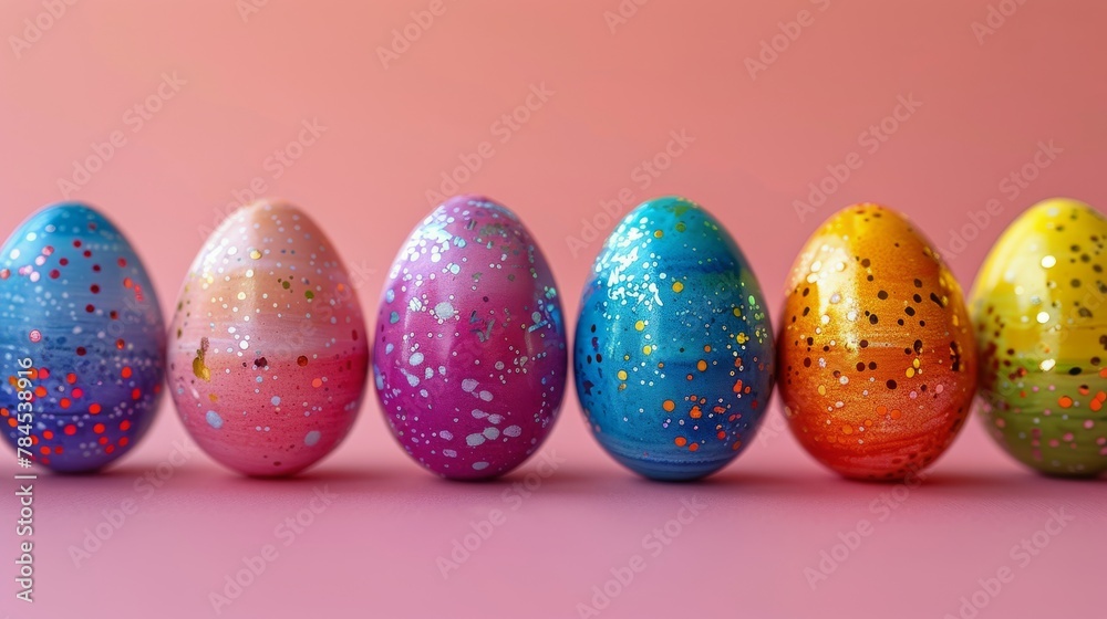 Row of Colored Eggs on Pink Background