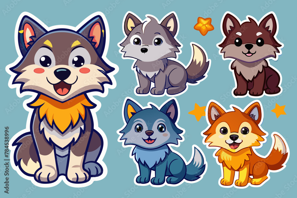 set of stickers with cute wolf cubs funny icons