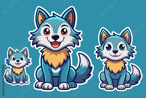 set of stickers with cute wolf cubs funny icons