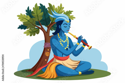 Hindu god Krishna sitting under a tall tree