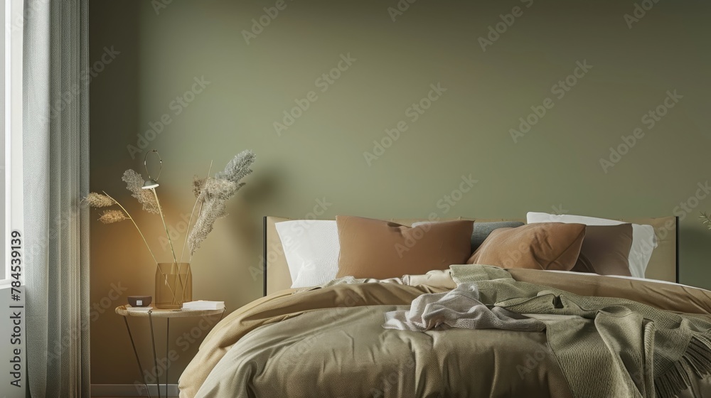 Premium pastel green olive and brown beige bedroom of a hotel room or ...