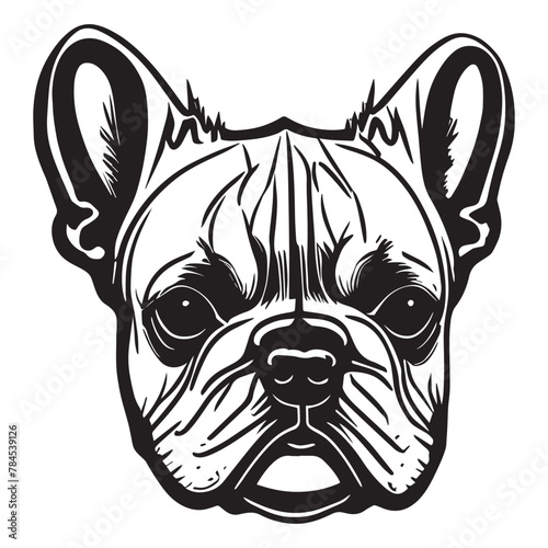 Cute french bulldog illustration portrait. Vector line drawing of happy dog. Frenchie, boston terrier, pug puppy face with big ears, snub nose. Retro woodcut style art. Isolated black and white icon. 