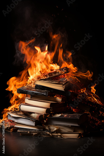 Stack of burning books, books on fire