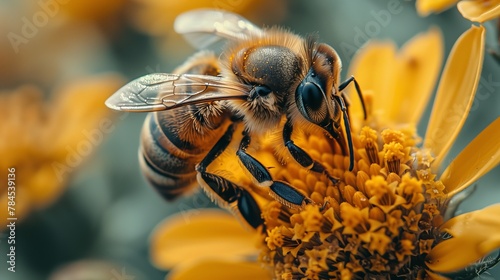 Macro photography of a bee on a yellow flower, a closeup of a plant pollinator