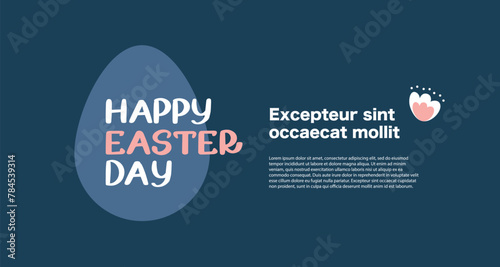 Happy Easter day greeting card with egg on a blue background. Trendy modern design with typography in pastel colors. Easter egg sale horizontal banner. Place for your text (ID: 784539314)