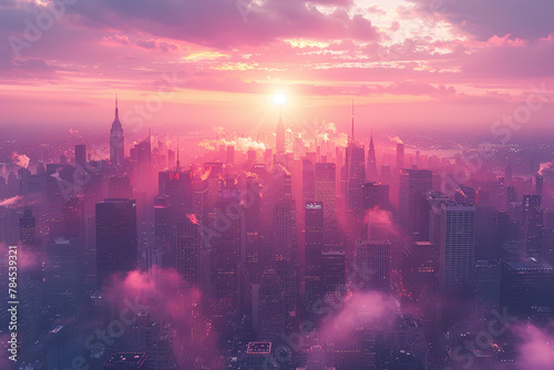 Radiant Sunset Over Urban Skyline - Pink and Violet Cityscape